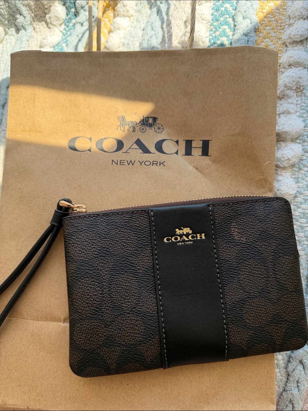 Coach Brown and Black Signature Wristlet with Gold Logo